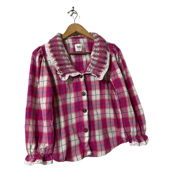 TACH Pink Plaid Ruffle Button Down Shirt Top Blouse - Picture 5 of 9